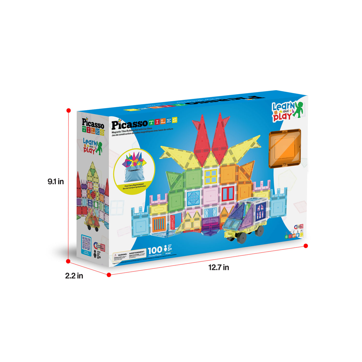 PicassoTiles 100-piece box showing dimensions: 9.1 in high, 12.7 in long, and 2.2 in wide.