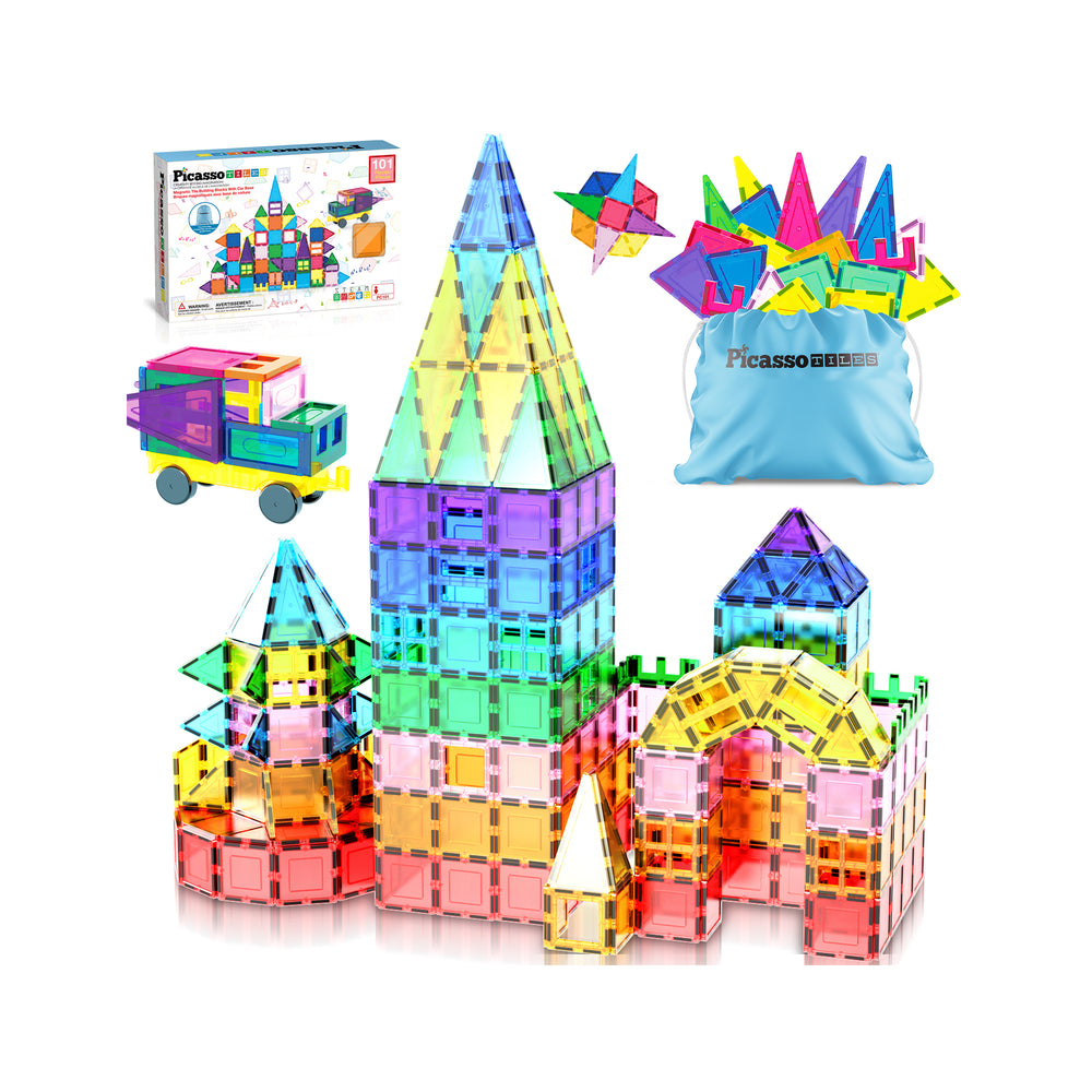 A large magnetic tile castle, a toy truck, a product box, and a storage bag filled with colorful tiles