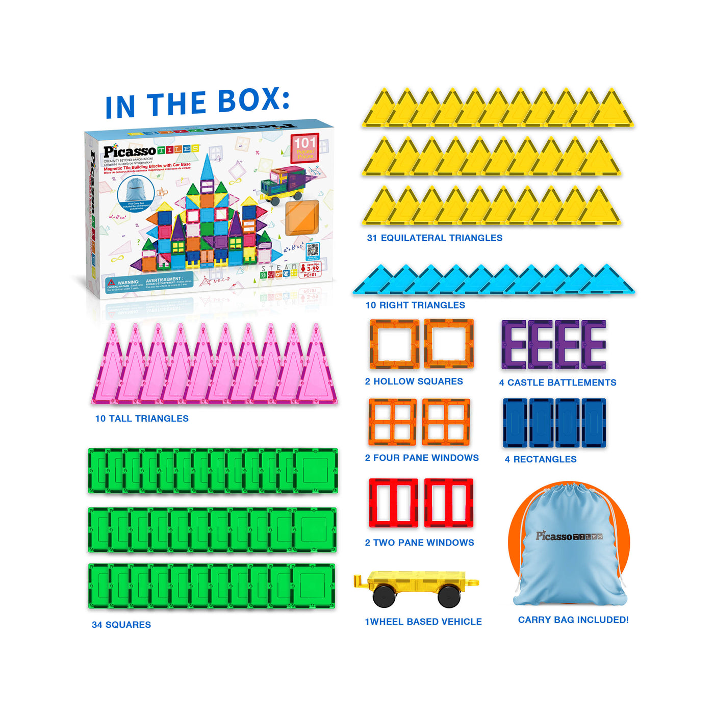 PicassoTiles Magnetic Tile Building Blocks with Storage Carry Bag - 101 Pieces