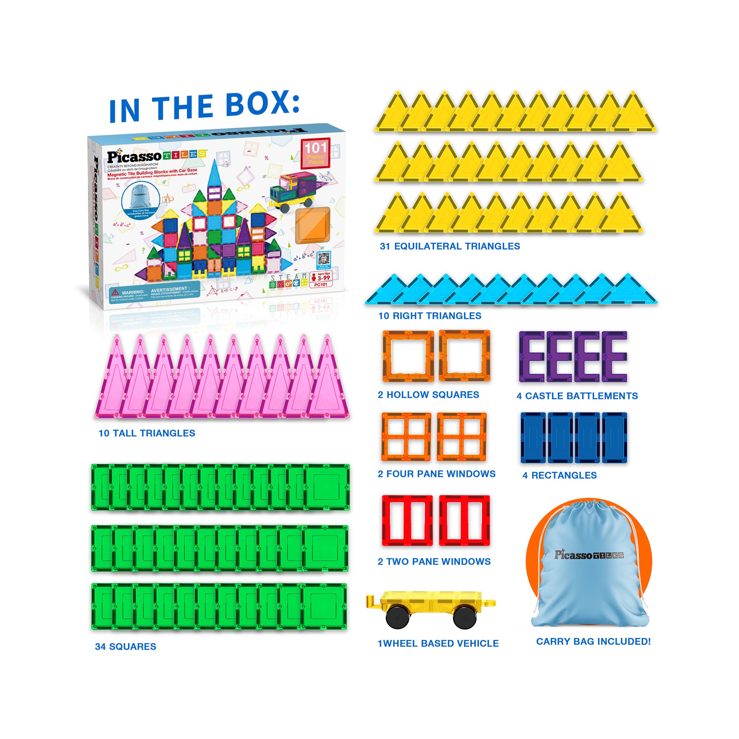 PicassoTiles Magnetic Tile Building Blocks with Storage Carry Bag - 101 Pieces