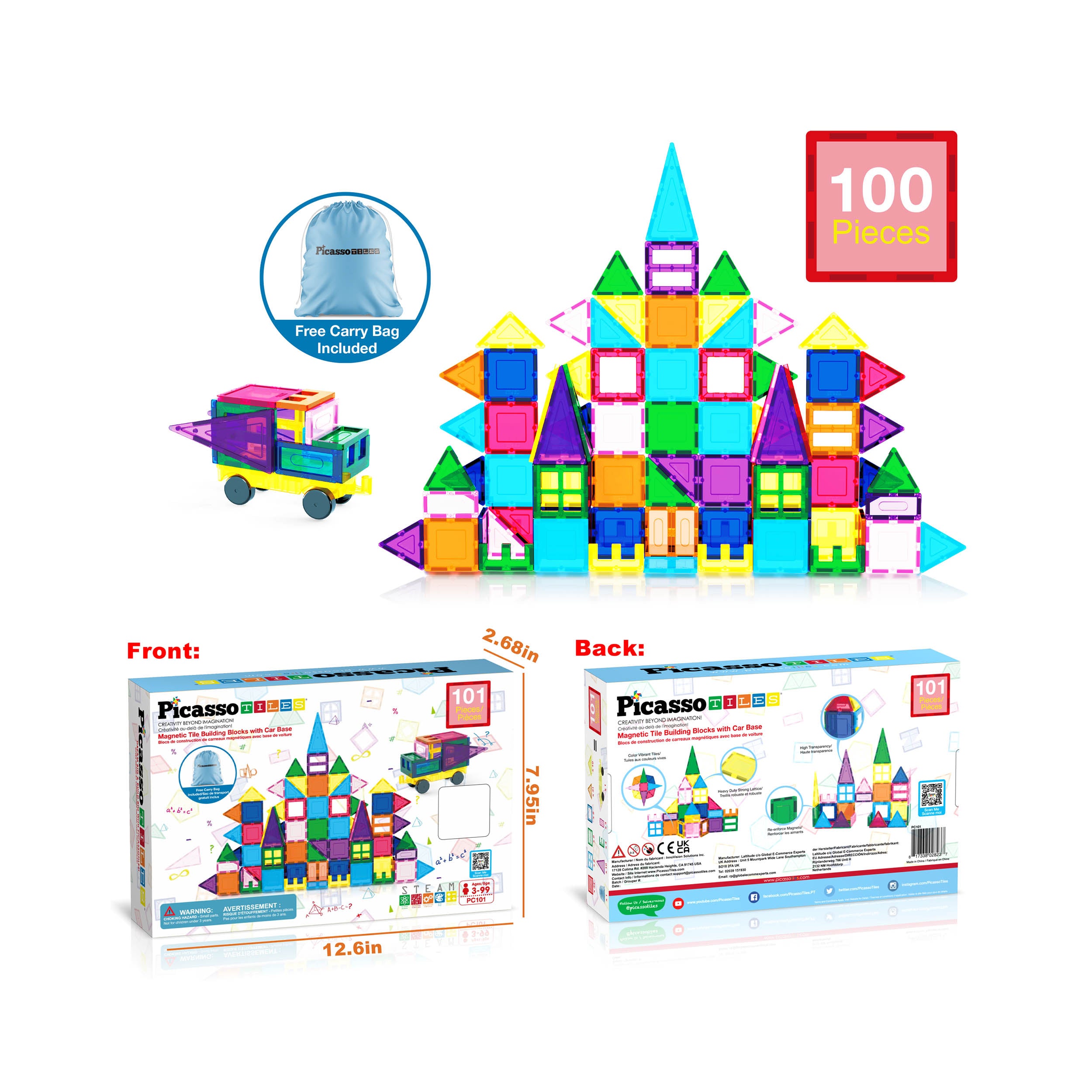 PicassoTiles Magnetic Tile Building Blocks with Storage Carry Bag - 101 Pieces
