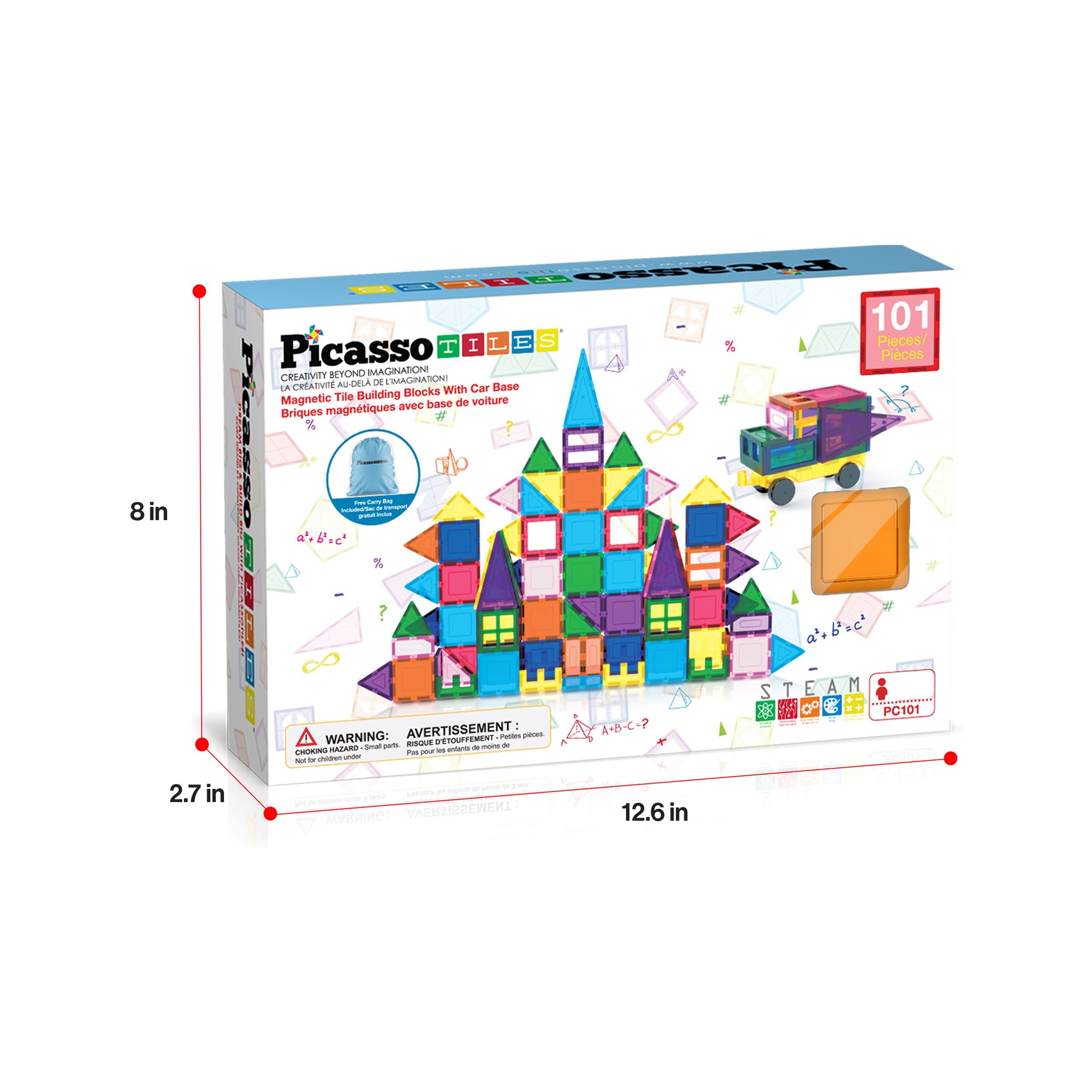 PicassoTiles 101pc Magnetic Tile Building Blocks Set with Car Base and Travel Bag