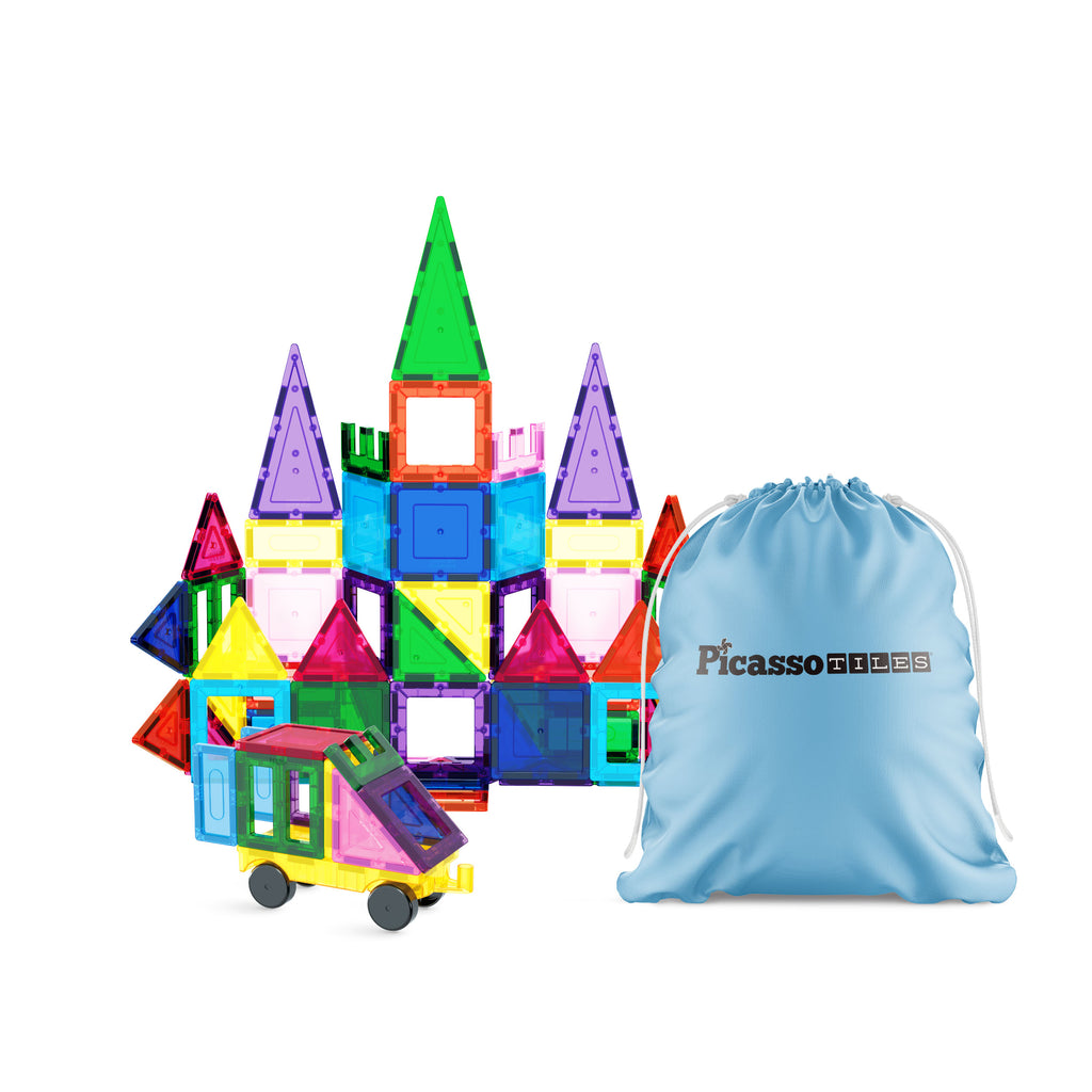 PicassoTiles 61pc Magnet Tile Building Blocks Toy Set with Car Base  Drawstring Carry Bag - PC61