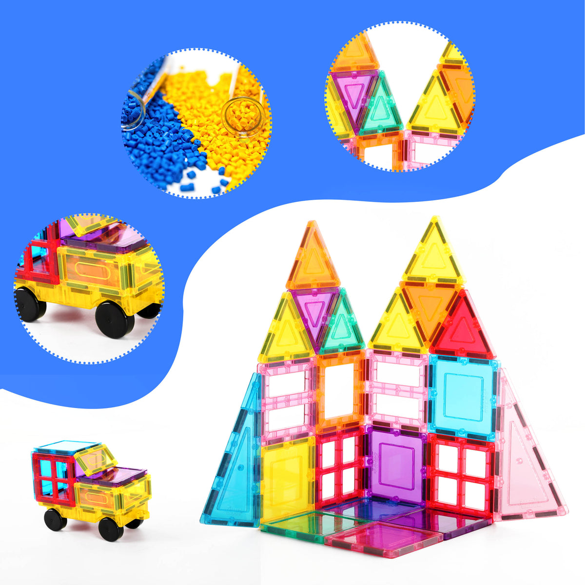 61pc Pc Magnetic Tiles with Car Base, Ages 3+ | PicassoTiles