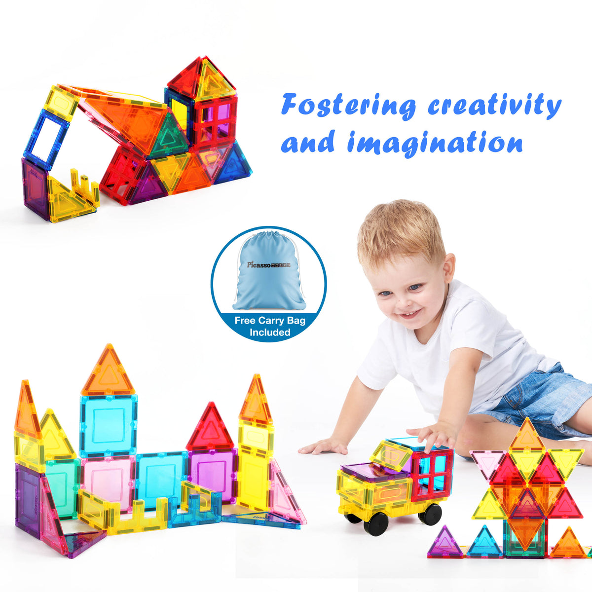 61pc Pc Magnetic Tiles with Car Base, Ages 3+ | PicassoTiles