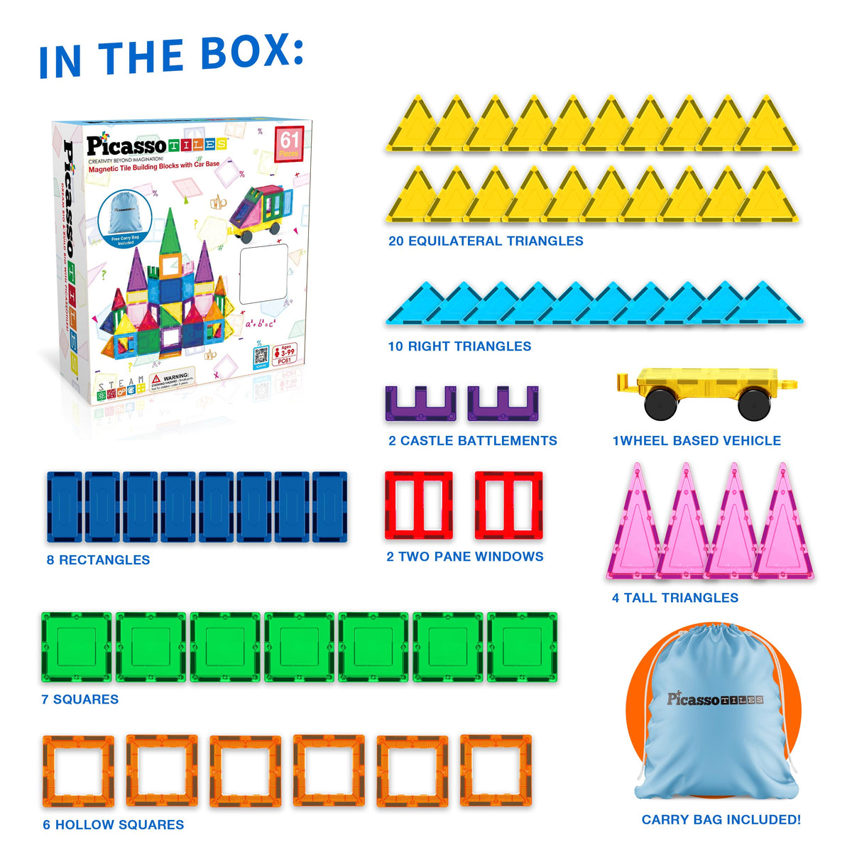 61pc Pc Magnetic Tiles with Car Base, Ages 3+ | PicassoTiles