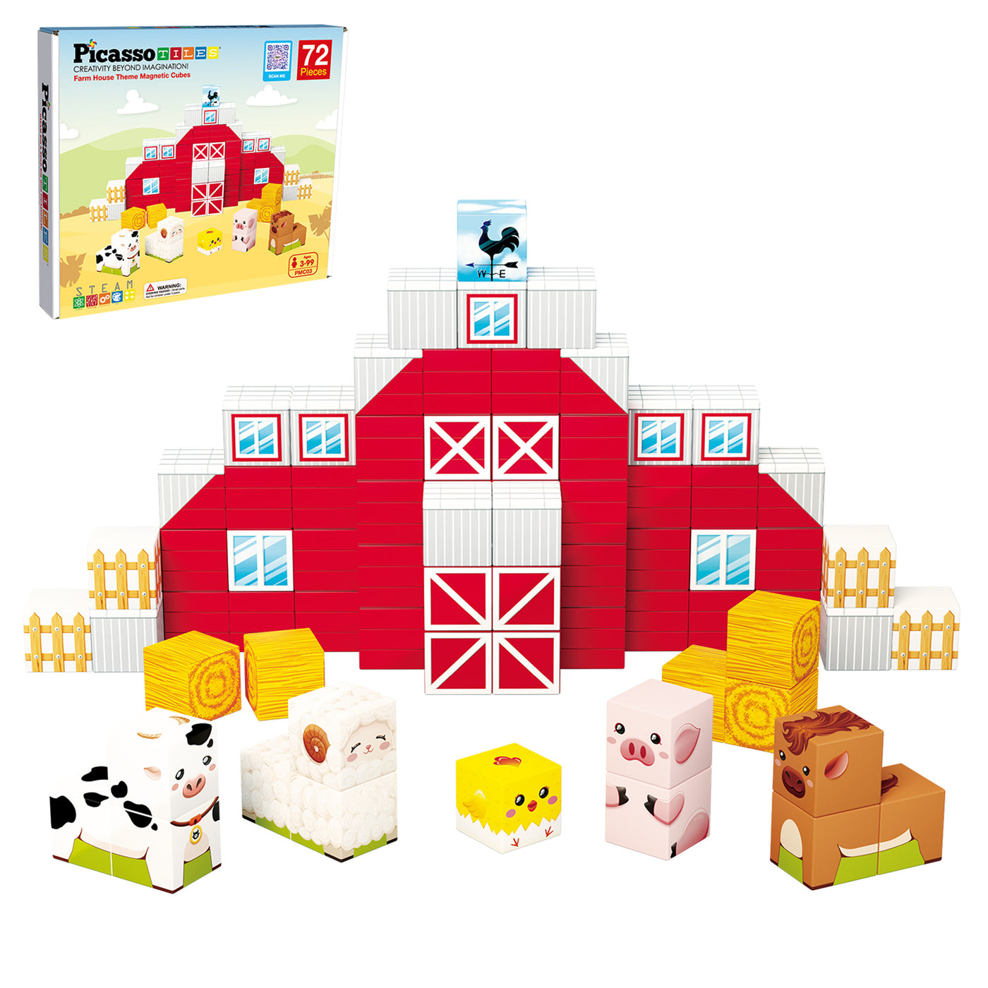 Farm house magnet cubes assembled into red barn and five 3D animal figures including cow, pig, sheep, chick, and horse