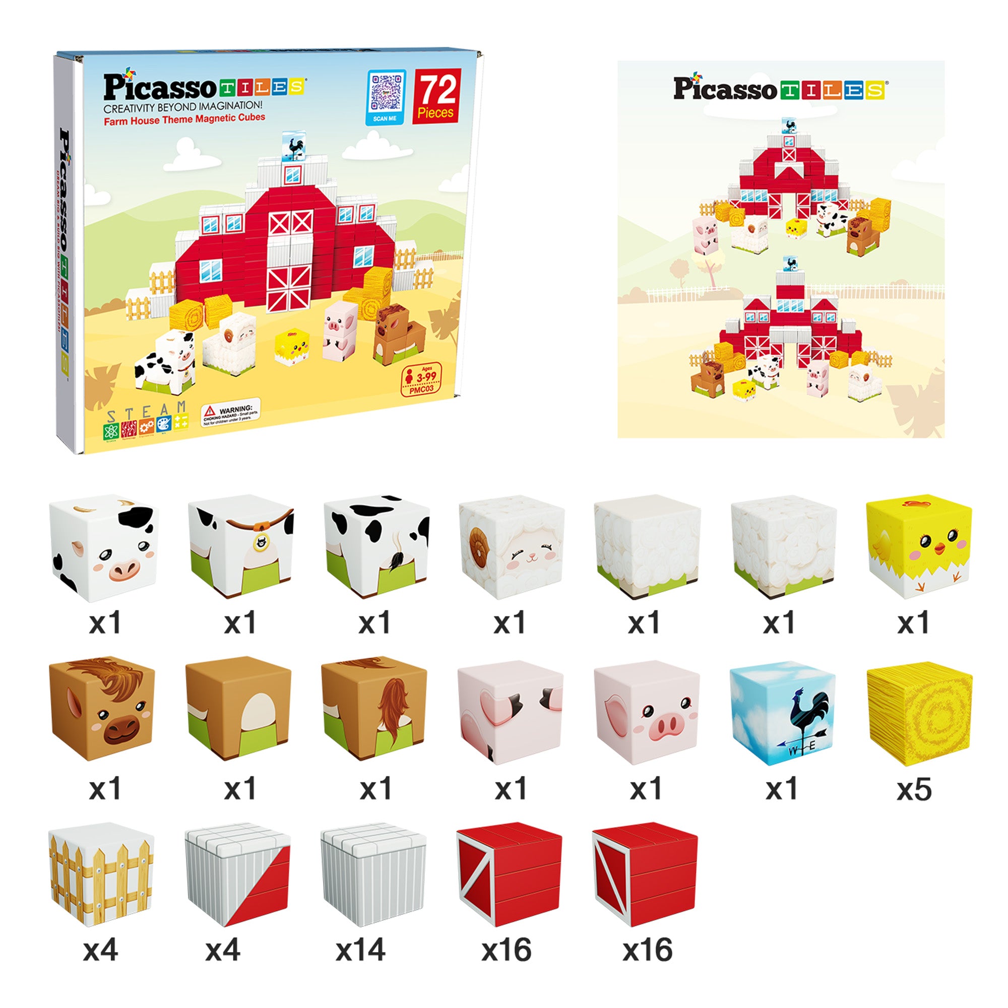 PicassoTiles 72pc Magnetic Puzzle Cube Farm House Building Set