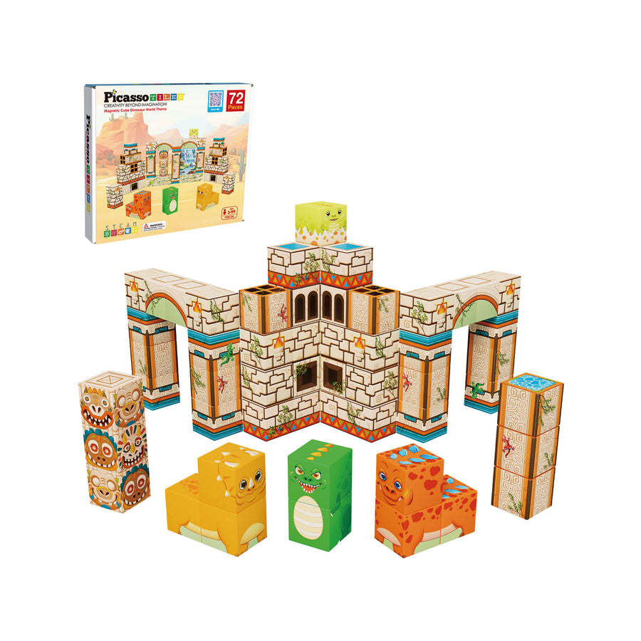 PicassoTiles Dinosaur Themed Magnetic Cube Mix and Match Building Blocks - 72 Pieces
