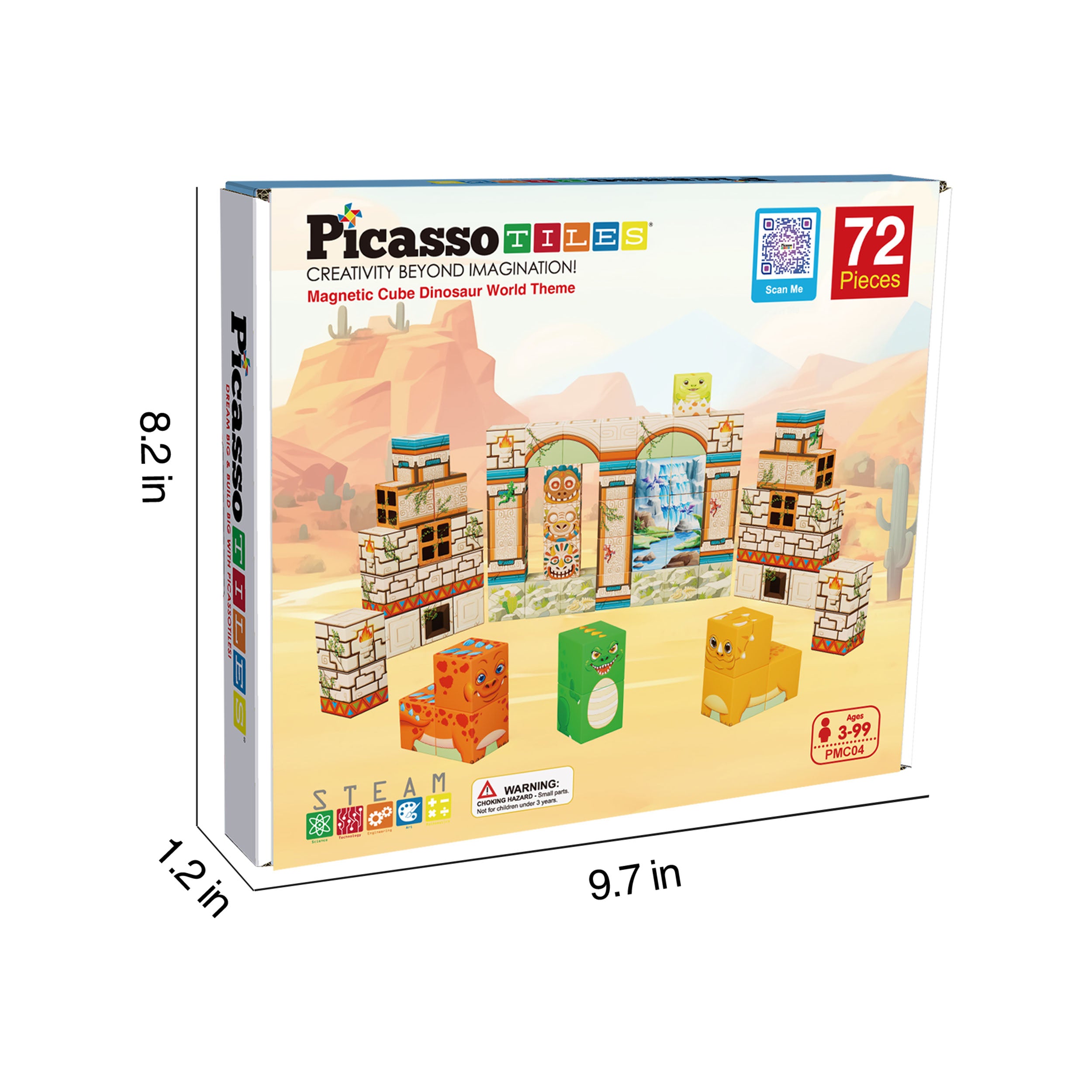 PicassoTiles Dinosaur Themed Magnetic Cube Mix and Match Building Blocks - 72 Pieces