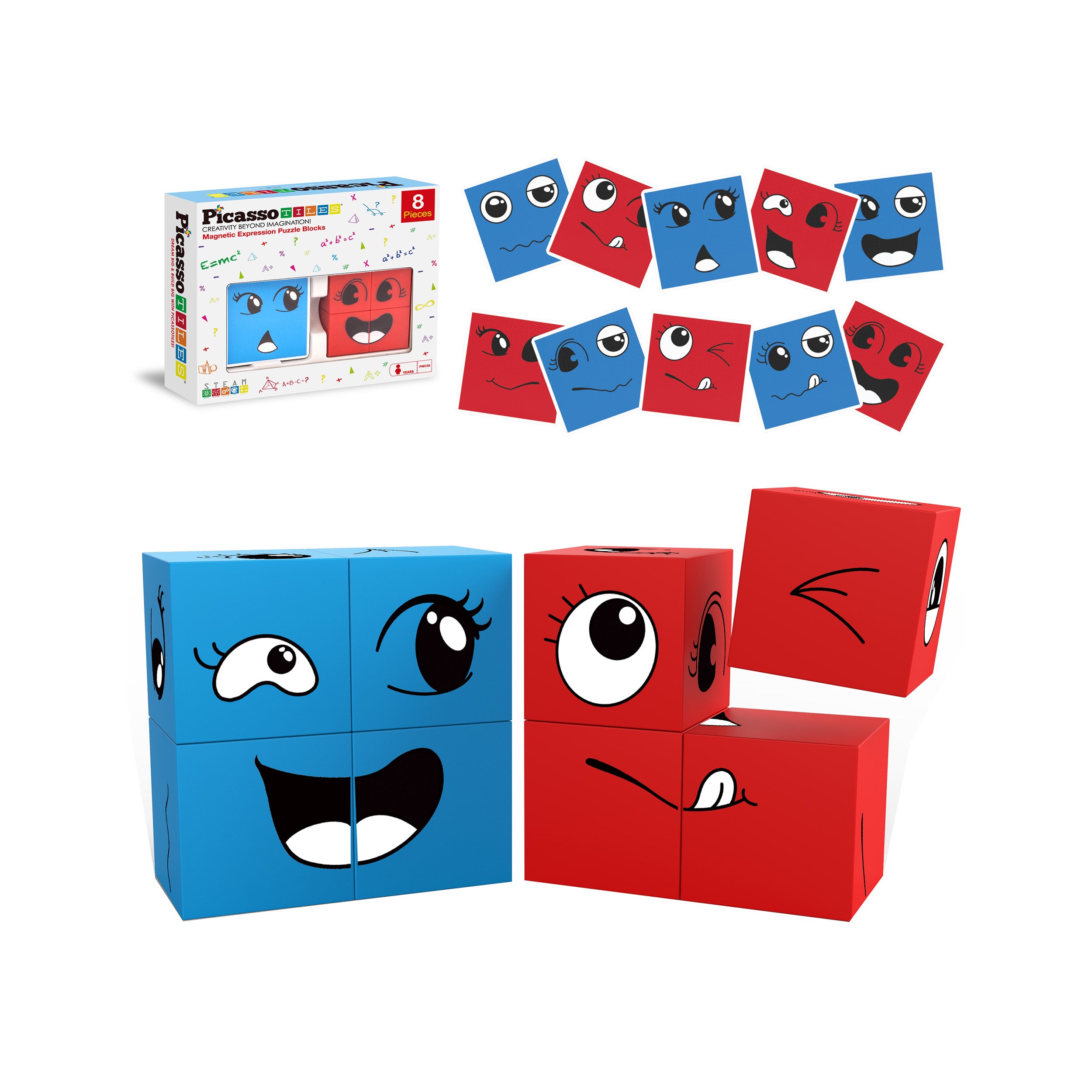 PicassoTiles Mix and Match 8 Piece Magnetic Emoticon Puzzle Cubes