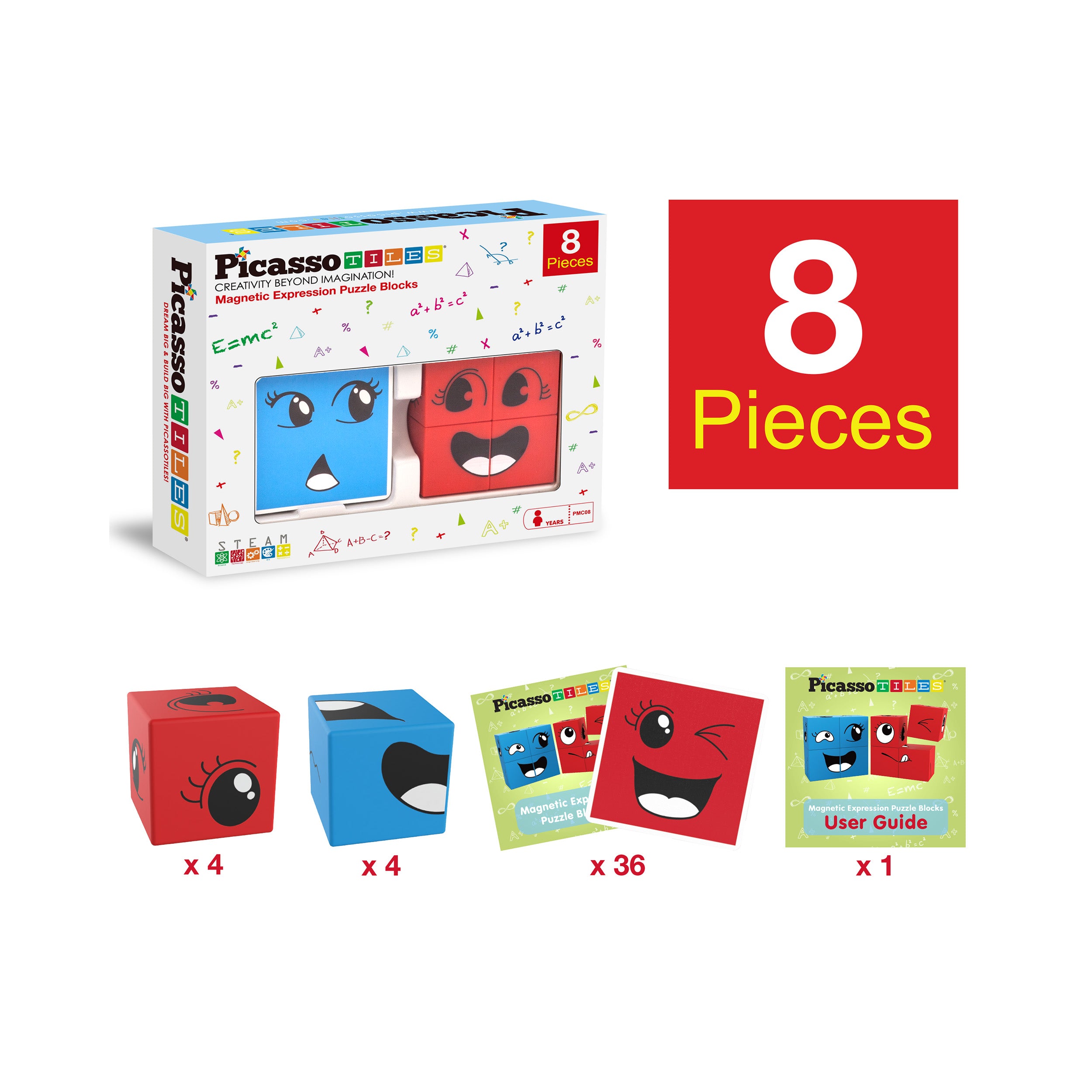 PicassoTiles Mix and Match 8 Piece Magnetic Emoticon Puzzle Cubes