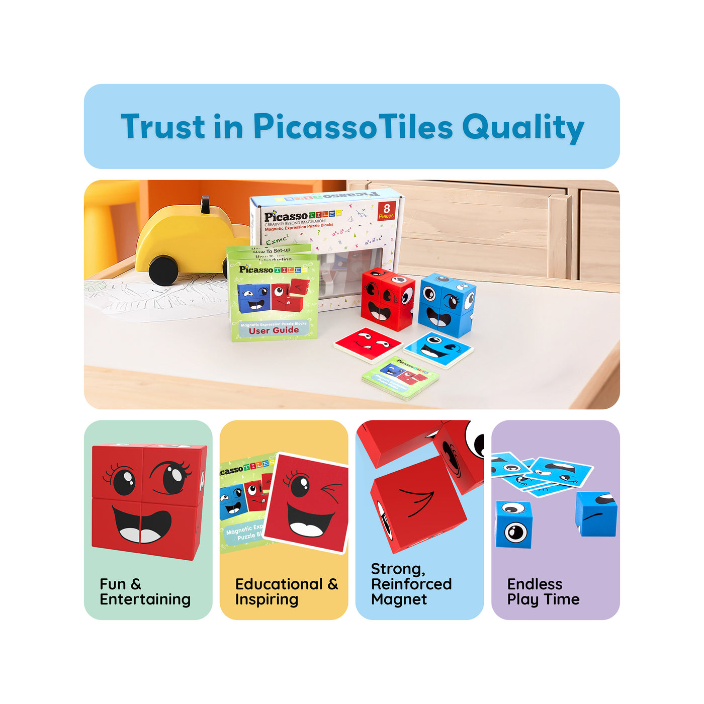 PicassoTiles Mix and Match 8 Piece Magnetic Emoticon Puzzle Cubes