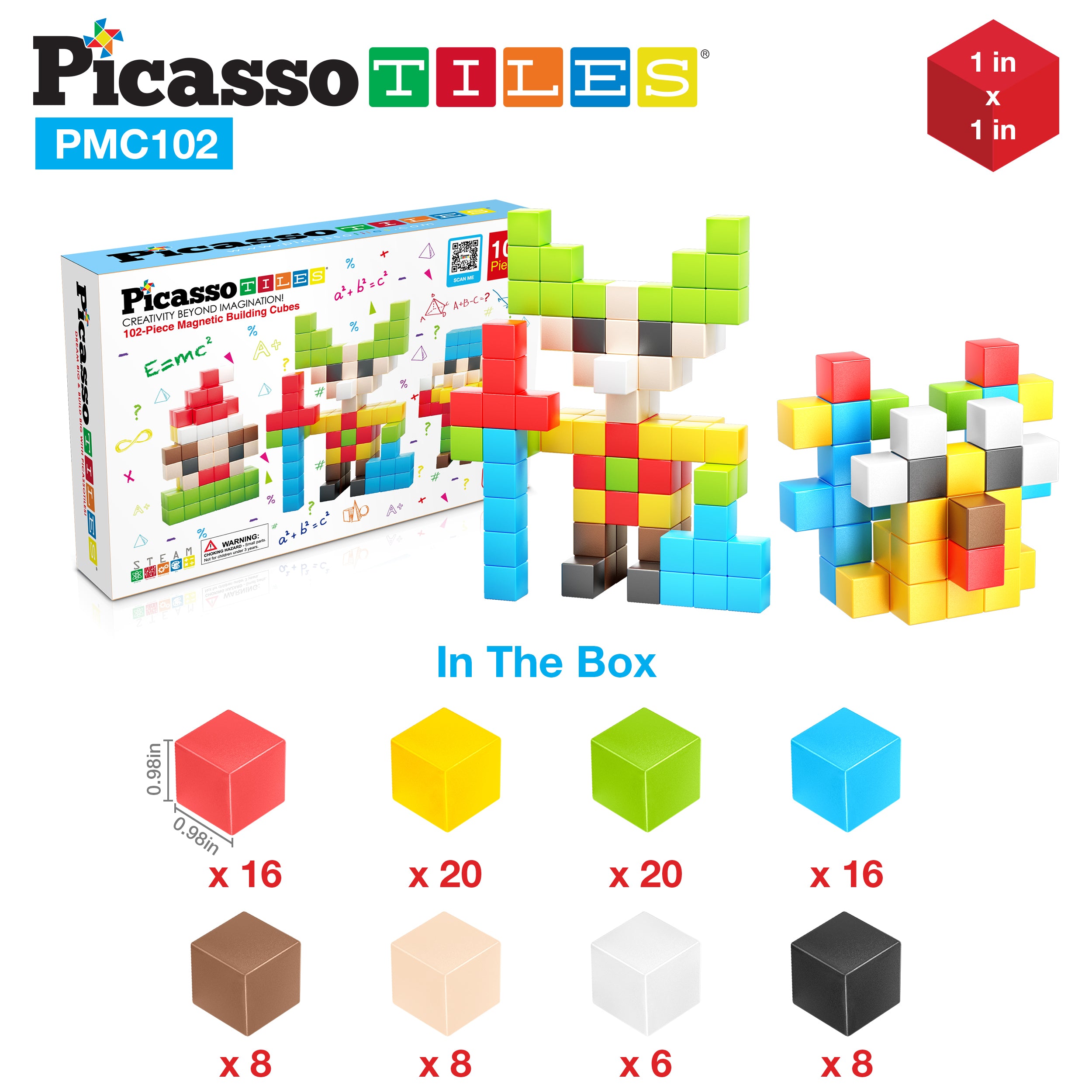 PicassoTiles Pixel Mini Magnetic Cube Puzzle 100pcs PMC100