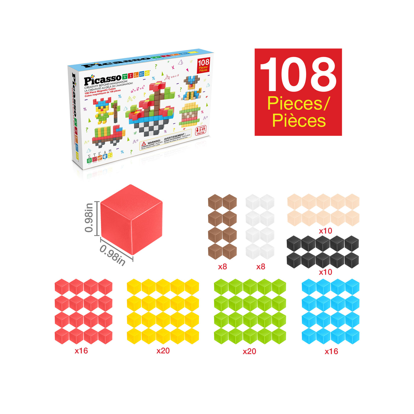 PicassoTiles 108pc Magnetic Puzzle Cubes Building Set