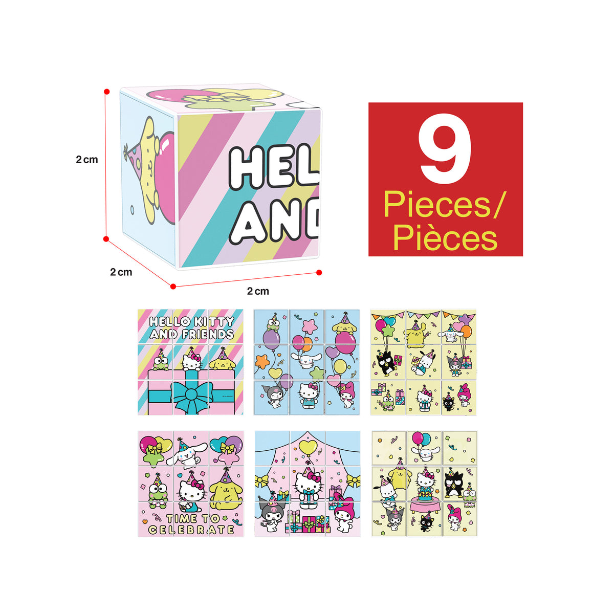 Hello Kitty and Friends 9-piece magnetic puzzle cubes set with pattern options and single cube dimensions (2cm x 2cm x 2cm).