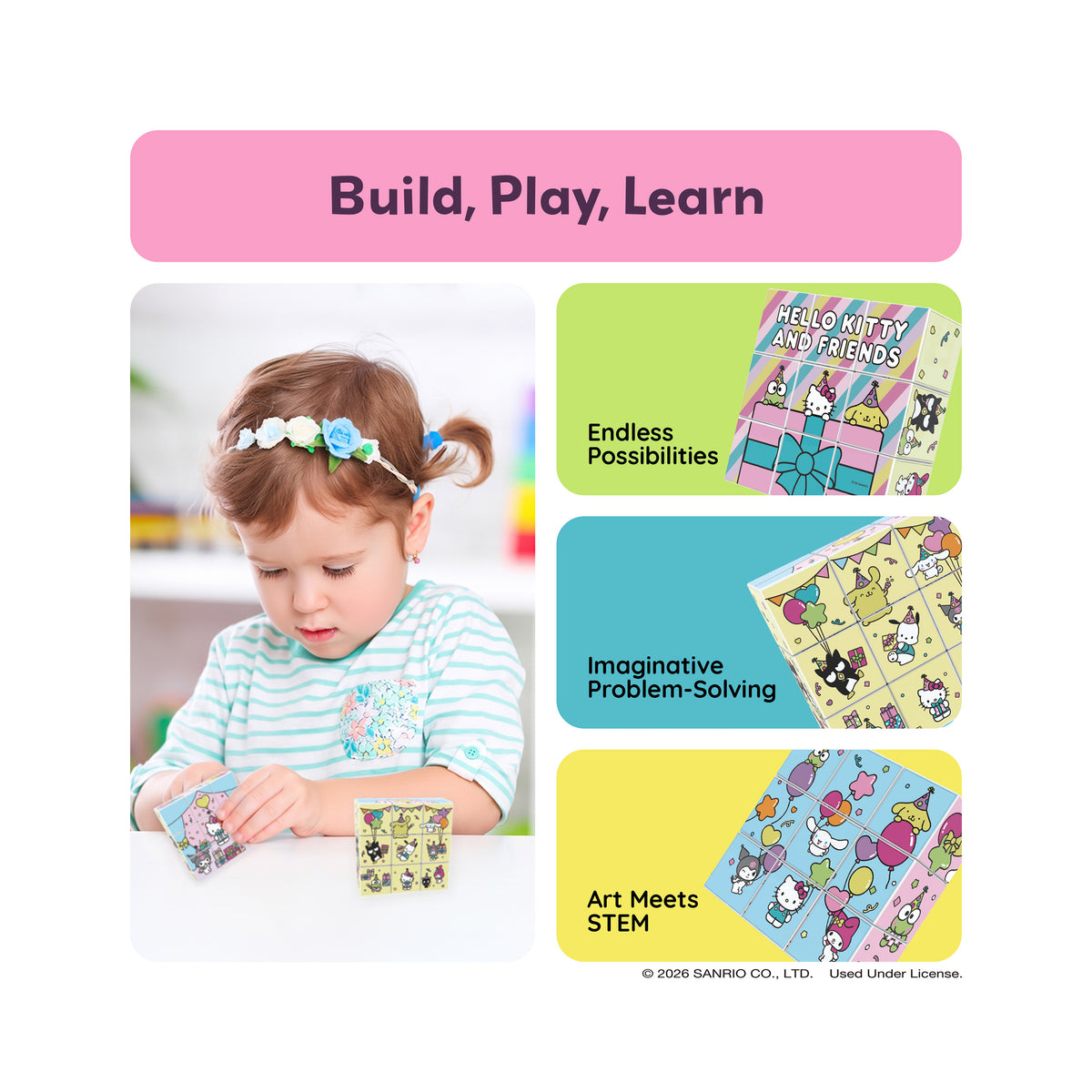 Toddler playing with Hello Kitty magnetic puzzle cubes alongside STEM and learning benefit highlights.   