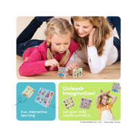 Mother and daughter playing on the floor with Hello Kitty magnetic puzzle cubes alongside creative learning callouts.   