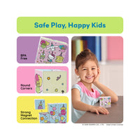 Smiling girl with Hello Kitty magnetic puzzle cubes alongside BPA-free and round corner safety callouts.   