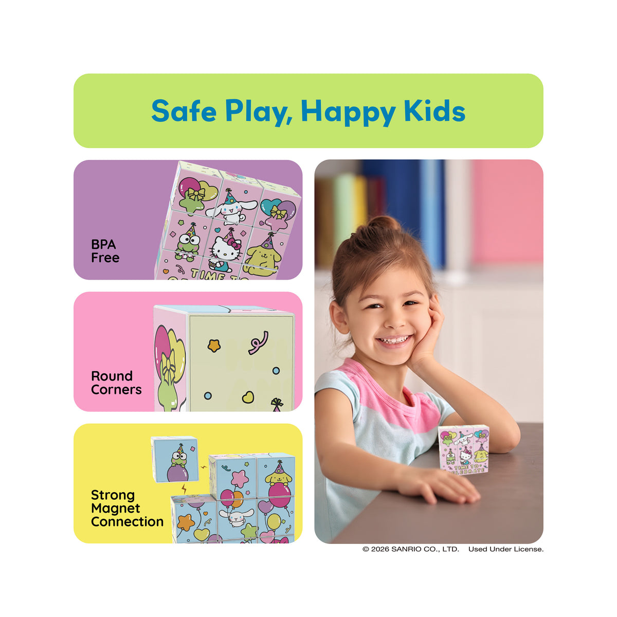 Smiling girl with Hello Kitty magnetic puzzle cubes alongside BPA-free and round corner safety callouts.   
