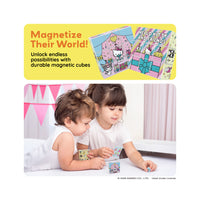 Two toddlers playing with Hello Kitty magnetic puzzle cubes beneath a Magnetize Their World promotional banner.   