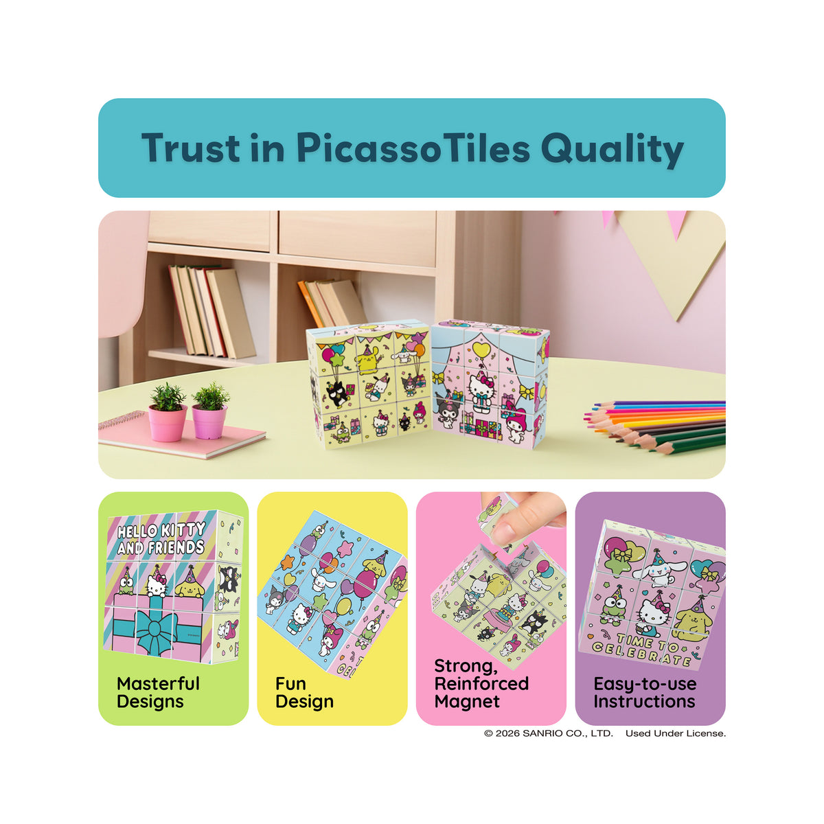 PicassoTiles quality banner with Hello Kitty magnetic cubes on a desk and product feature highlights.   