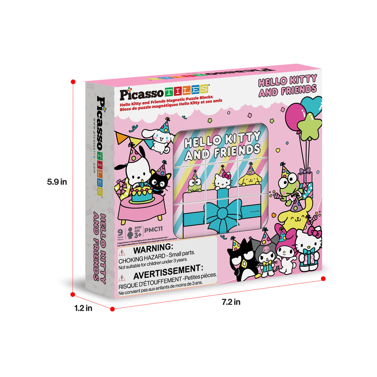 Hello Kitty and Friends 9-piece puzzle box with product dimensions (5.9 in x 7.2 in x 1.2 in) isolated on white.