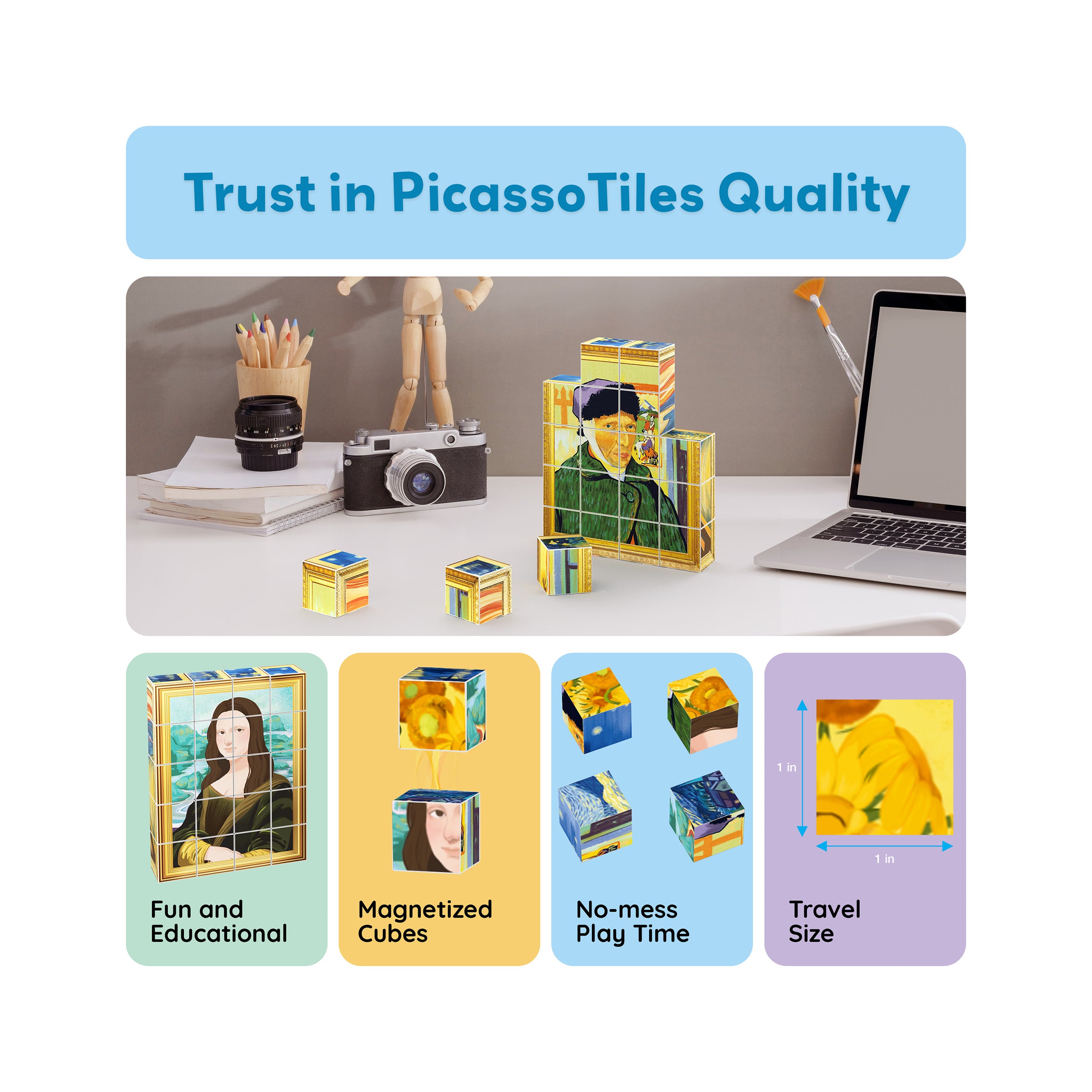 PicassoTiles 20pc 1" Magnetic Puzzle Cubes Famous World  Paintings
