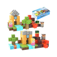 Pixel world magnetic block structures featuring character figures, trees, terrain, and a storage tin.