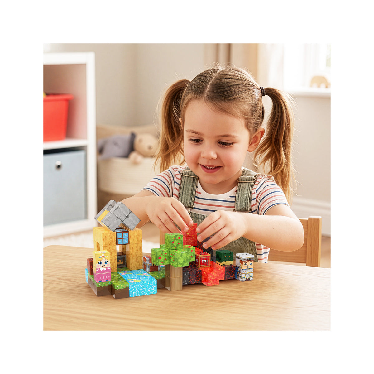 Little girl assembling a medieval adventure magnetic cube world with house, tree, and figures at a wooden table.