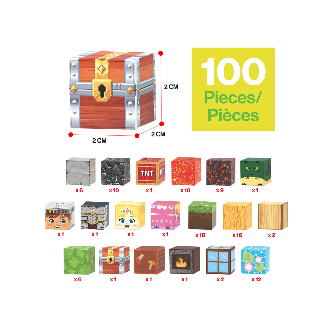 100-piece pixel magnetic cube set parts breakdown diagram with  cube dimensions (2cm x 2cm).