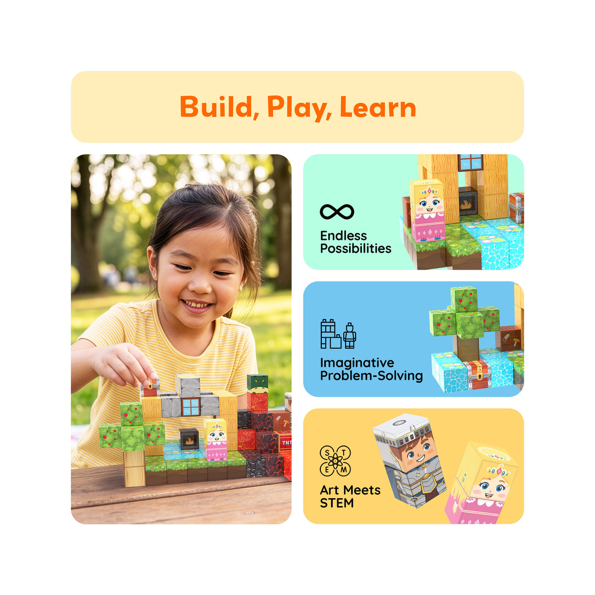 Girl playing with magnetic blocks outdoors beside panels highlighting creativity, problem-solving, and STEM learning.