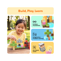 Girl playing with magnetic blocks outdoors beside panels highlighting creativity, problem-solving, and STEM learning.