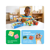 Boy building a fantasy world with magnetic cubes at a table next to tin box and imaginative learning banners.