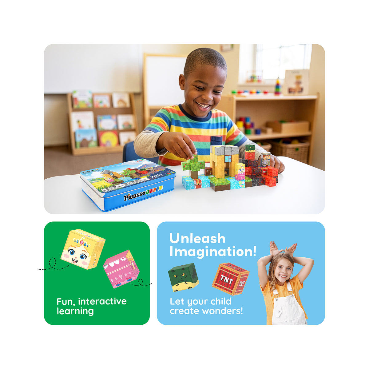 Boy building a fantasy world with magnetic cubes at a table next to tin box and imaginative learning banners.