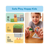 Boy holding magnetic cubes next to safety panels highlighting BPA-free, round corners, and strong magnets.