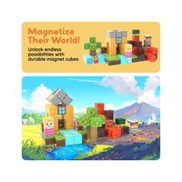 Fantasy landscape with magnetic cube builds below "Magnetize Their World!" banner.