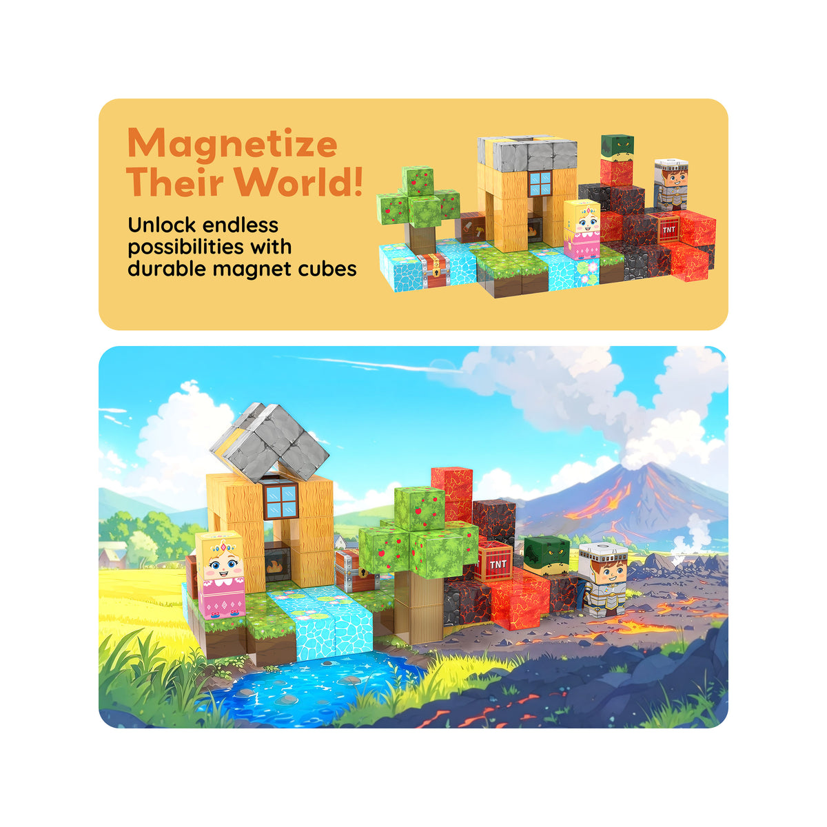 Fantasy landscape with magnetic cube builds below "Magnetize Their World!" banner.