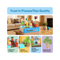 Magnetic cube playset on a storage tin above four feature panels highlighting design, color, and magnet quality.