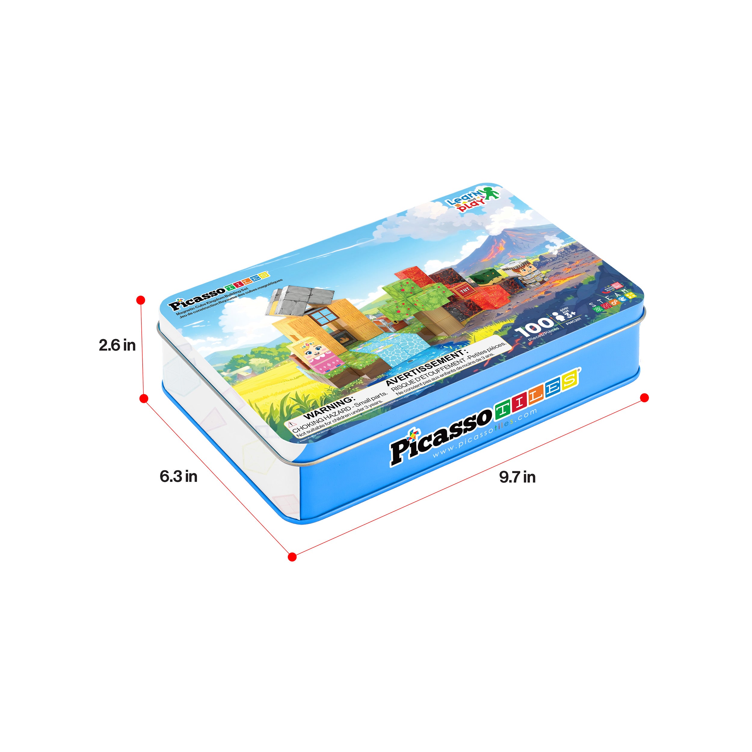 100-piece pixel magnetic cube storage tin with product dimensions (2.6 in x 5.3 in x 9.7 in)