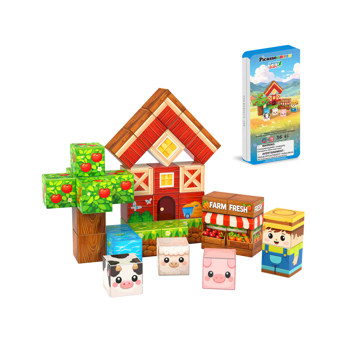 PicassoTiles magnetic farm block set featuring barn, apple tree, animals, farmer, and travel tin case.   