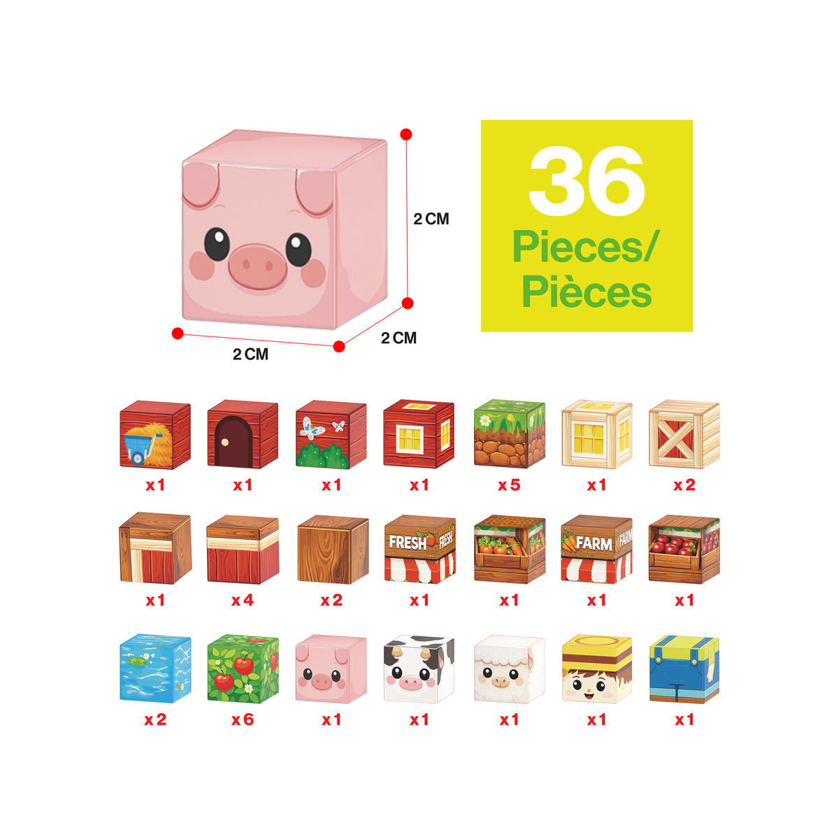 PicassoTiles 36-piece farm set piece breakdown diagram showing printed magnetic cubes and 2 cm dimensions.