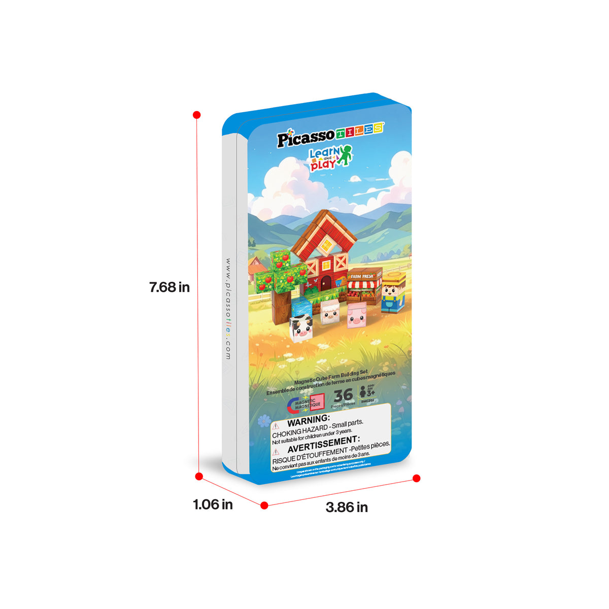 PicassoTiles 36-piece farm set travel case with dimensions (7.68 in x 3.86 in x 1.06 in).