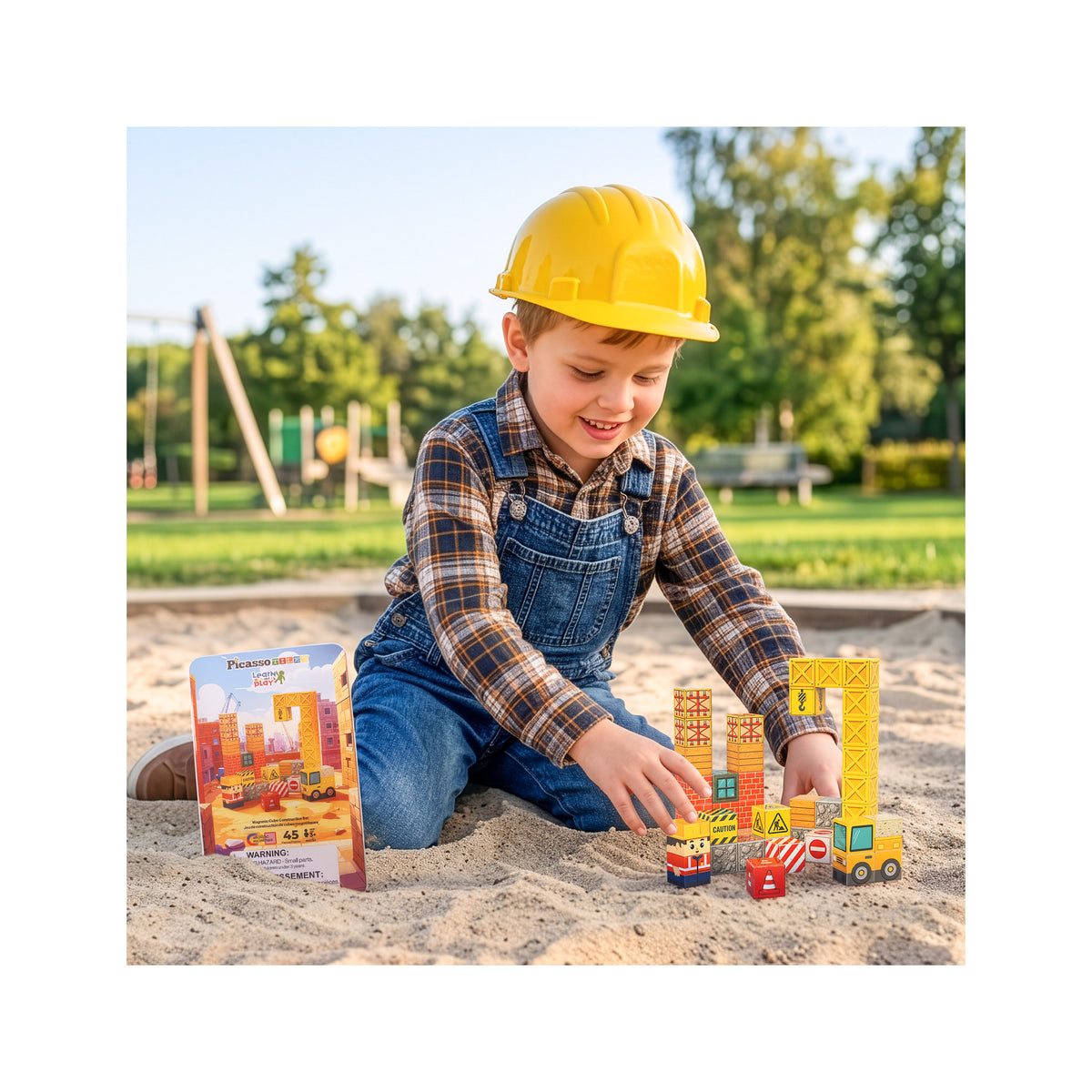 Child in hard hat playing with PicassoTiles magnetic construction blocks and tin case in sand.
