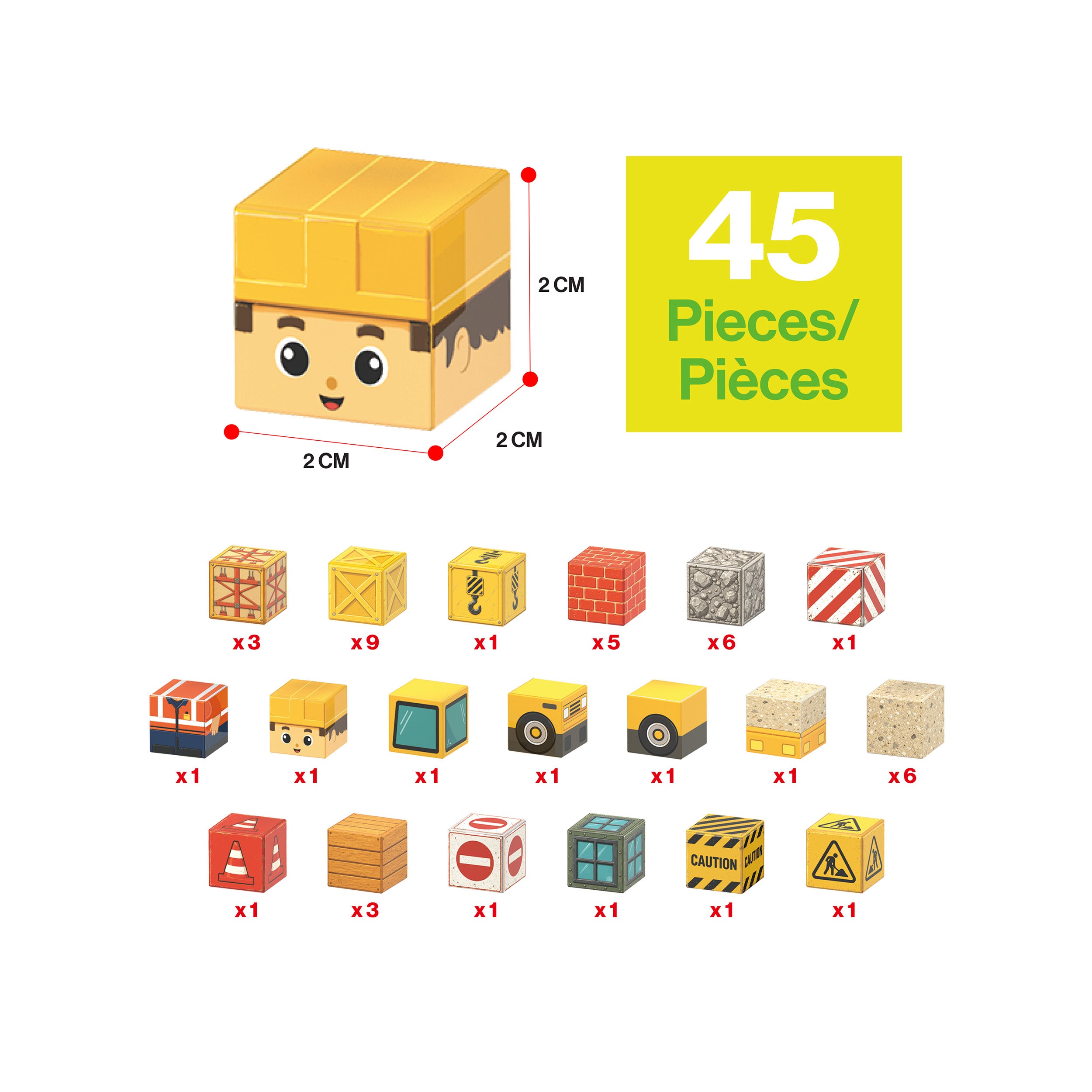 Construction-themed 45-piece magnetic cube set parts breakdown diagram with single cube dimensions (2cm x 2cm).