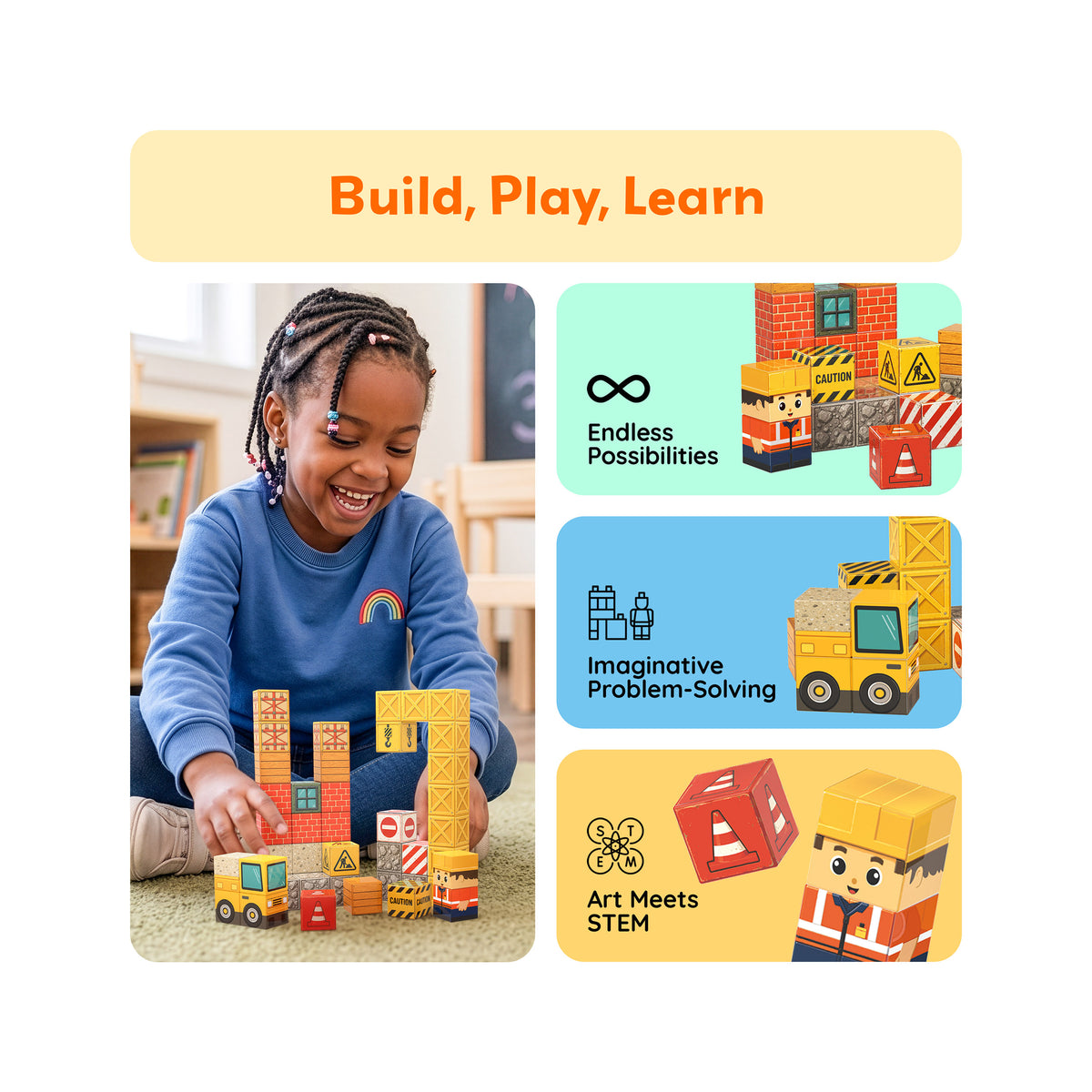 Child building with PicassoTiles magnetic construction cubes alongside educational benefit highlights.   