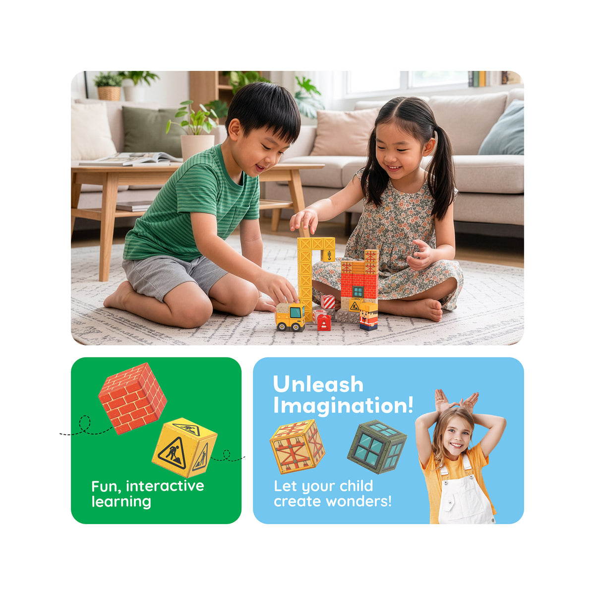 Children playing indoors with PicassoTiles magnetic construction cubes alongside learning callouts.   