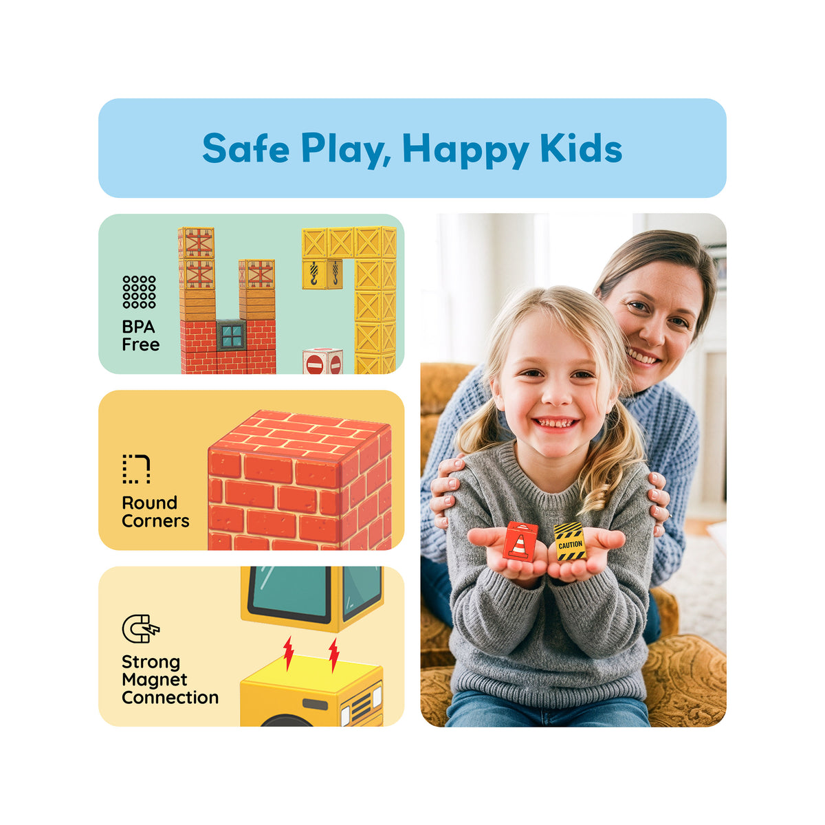 Mother and child with PicassoTiles magnetic blocks alongside safety features: BPA-free and round corners.   