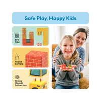 Mother and child with PicassoTiles magnetic blocks alongside safety features: BPA-free and round corners.   