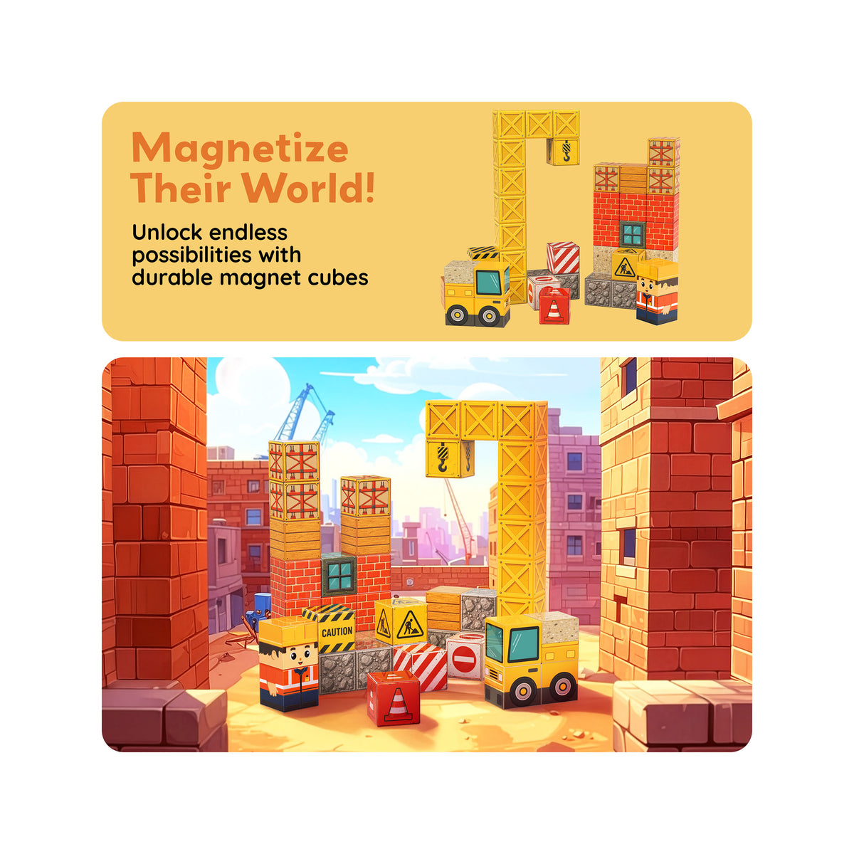 PicassoTiles magnetic construction cubes promo banner featuring crane, truck, and builder figure.   